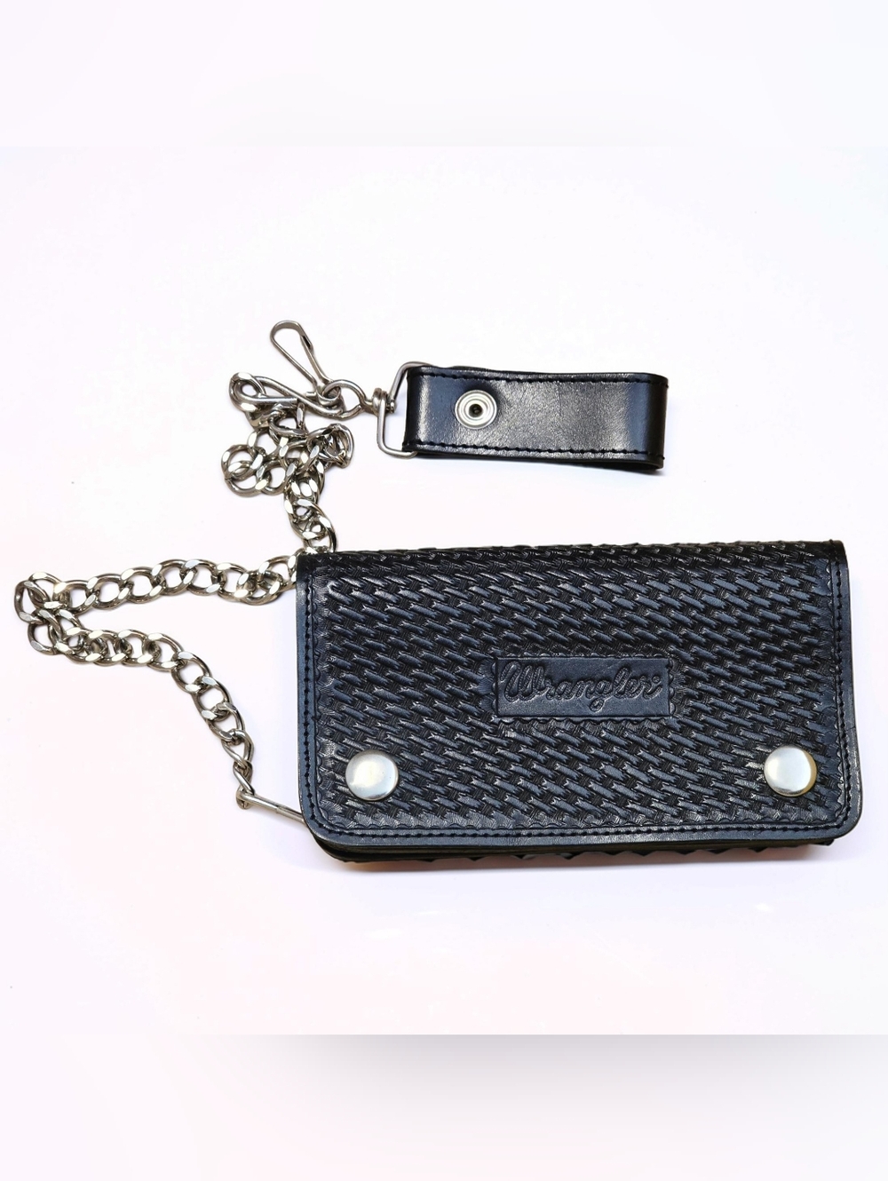 Wrangler Black Hand Tooled Leather Basket Woven Biker Chain Wallet - 6x3 1/2